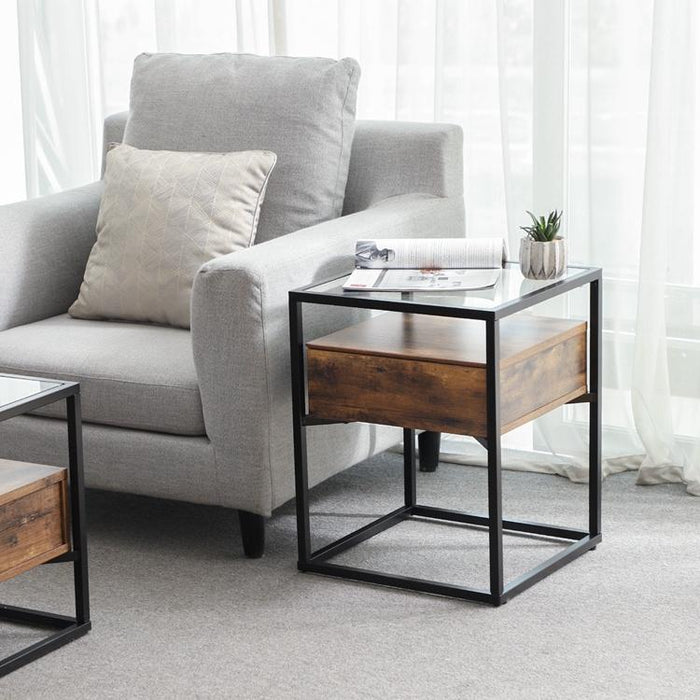 Bijzettafel met blad van glas Industrieel Design | Houtlook en Staal | 43x43x54cm - Industrieelinhuis.nl