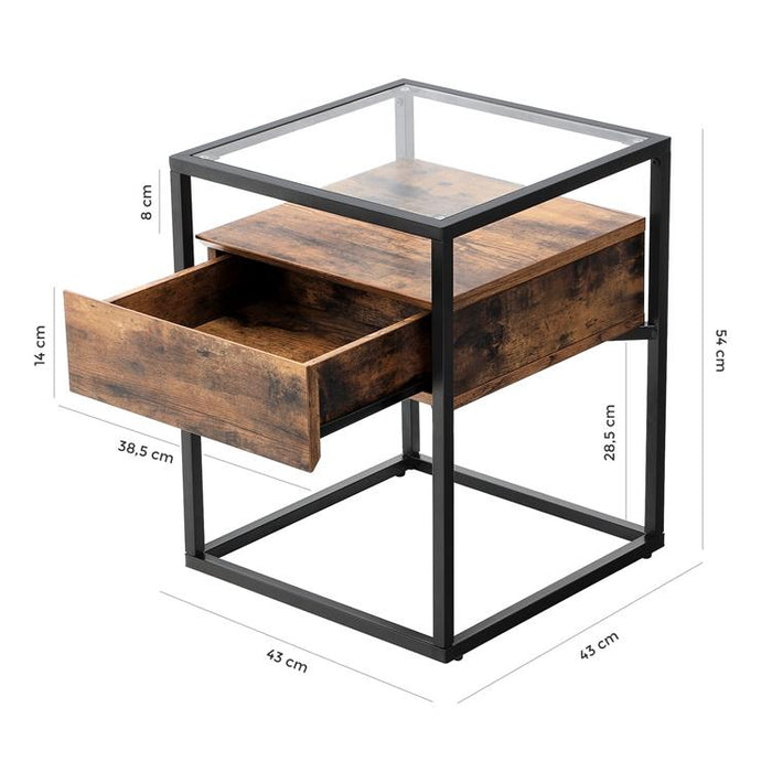 Bijzettafel met blad van glas Industrieel Design | Houtlook en Staal | 43x43x54cm - Industrieelinhuis.nl
